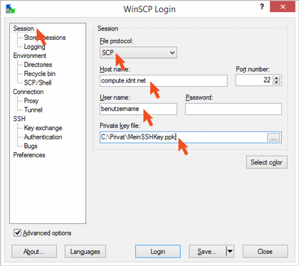 WinSCP Session Einstellungen