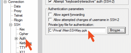 Putty Einstellung SSH Schlüssel Datei