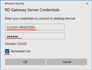 Anmeldeinformationen für RD Gateway Server