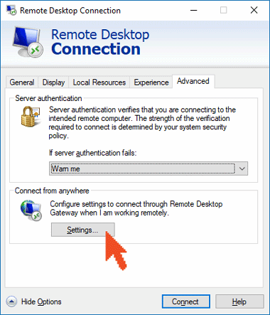 RDP Gateway Verbindungseinstellungen öffnen