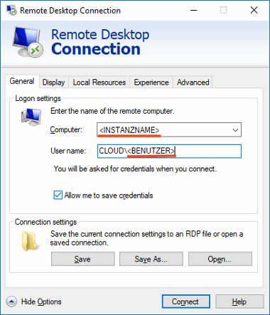 Verbindungsdaten für das Zielsystem eingeben